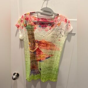 Women's V-Neck Short Sleeve Graphic Tee - Multicolor Floral Peace